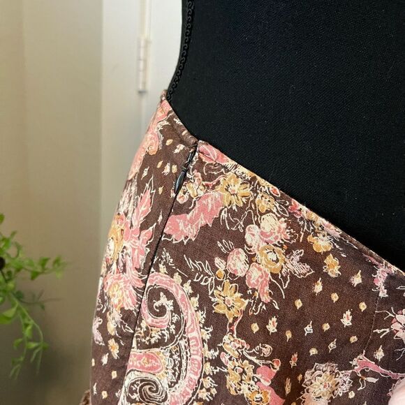 Anthropologie Tapemeasure 100%Linen Brown Pink Floral Paisley Ruffle Maxi Skirt - Picture 8 of 15